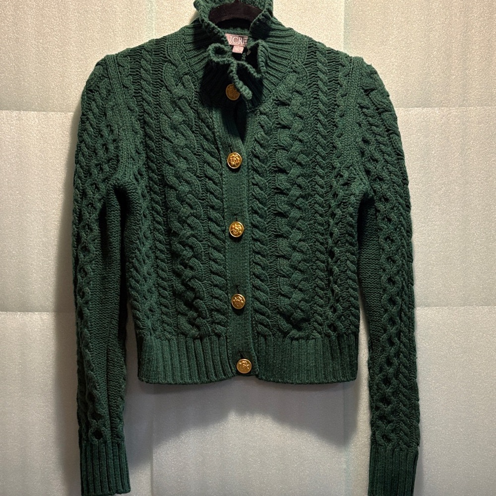 Like NEW J.Crew Green Cable Knit Cardigan Sweater - Picture 2 of 7